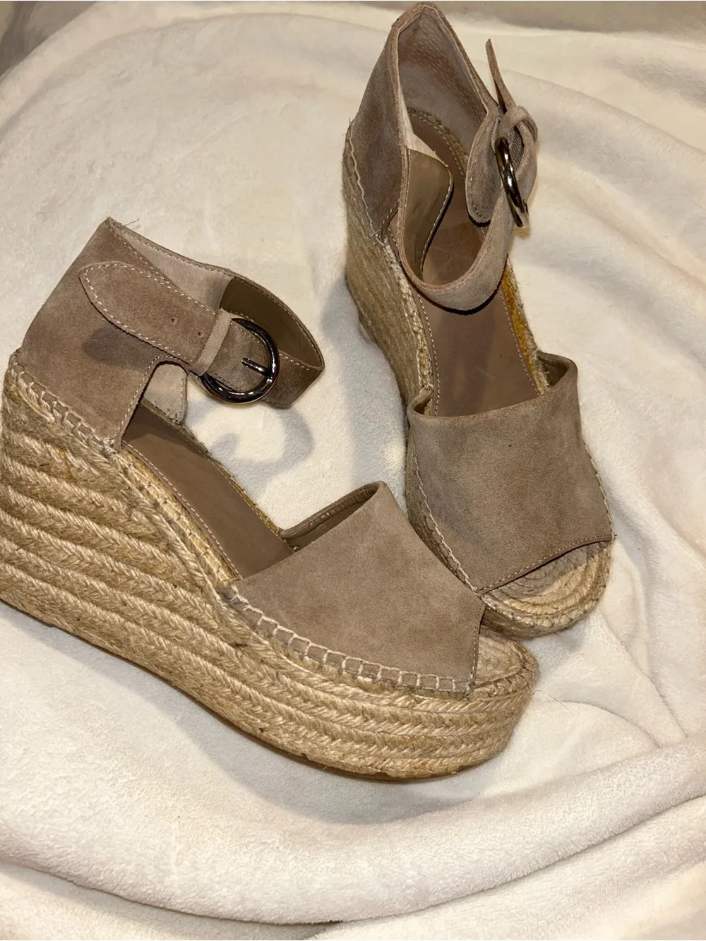 Marc Fisher Taupe Suede Espadrille Wedge Sandals with Ankle Buckle